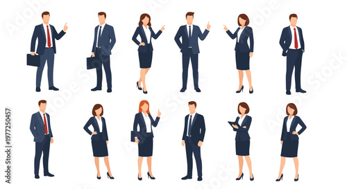 Large collection of business professionals in formal suits standing in various confident poses for corporate use and presentation designs.