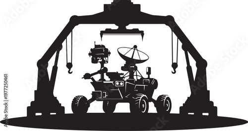 Black silhouette robotic rover, mechanical vehicle, sci-fi illustration, vector graphic