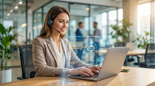 Customer support agent using AI chatbot on laptop in modern office, digital service and business automation concept. 