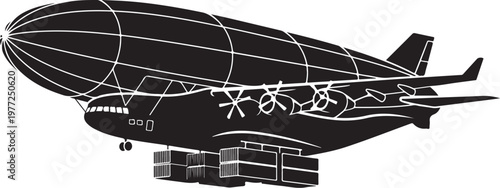 Black blimp airship, vector zeppelin, air travel, transportation icon