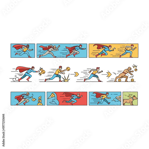 Superhero Action Sequence: Running, Flying, Playing Ball, Saving Dog