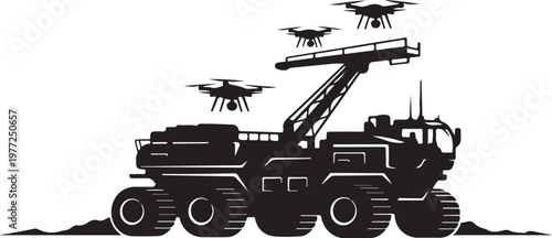 Military truck, drone carrier, vector illustration, black silhouette, modern warfare, army vehicle, surveillance