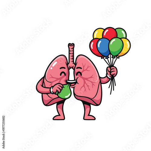 Cartoon Lungs with Balloon Bouquet and Drink for Health Celebration