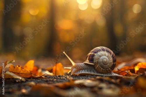Close up of snail crawling on fallen autumn leaves in a forest illuminated by golden sunlight