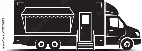 Black food truck, vector food truck, food trailer icon, restaurant vehicle