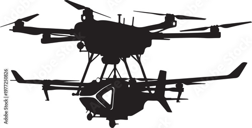 Drone, quadcopter, aerial vehicle, black silhouette, vector icon, aircraft, robotics