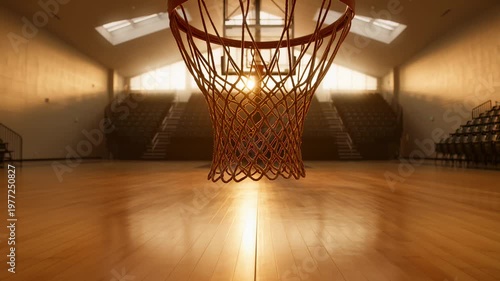 Empty Basketball Court With Sun Shining Through the Hoop and Bleachers, Warm Golden Hour Light