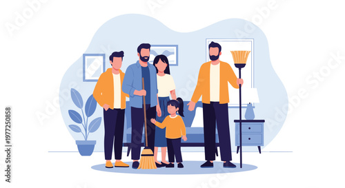 Family members of different generations working together to clean their home using brooms and dustpans in a bright living room setting.