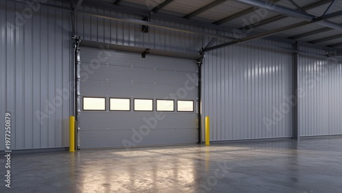Large industrial garage door with windows in a spacious warehouse interior.