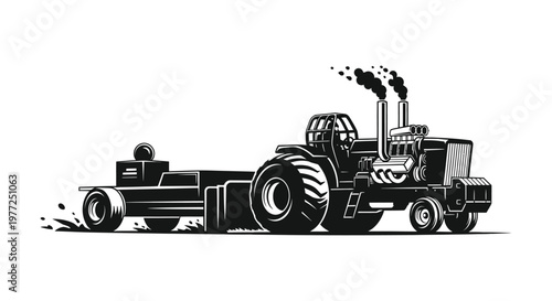 Vintage tractor pulling a trailer detailed illustration in striking silhouette