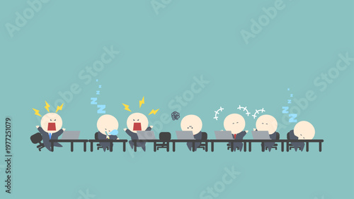 ビジネスイメージイラスト_騒がしい職場でイライラしながら働くビジネスマン