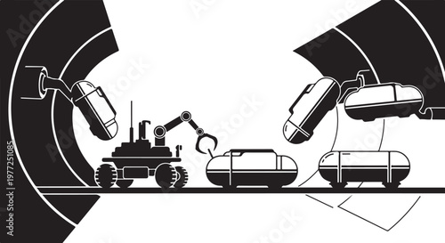 Industrial robotic arm assembling, transporting, and manufacturing cylindrical tanks, industrial automation, robotic assembly, manufacturing process, industrial equipment