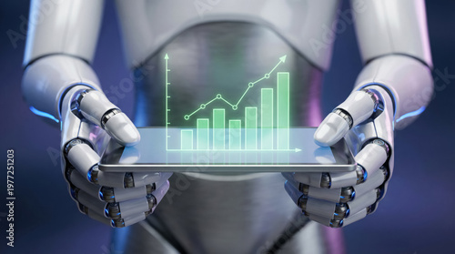 Humanoid robot holding digital financial chart on tablet, AI in finance and automated data analysis concept. 