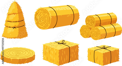 Golden hay bales and straw stack collection, agricultural harvest vector set, yellow dried grass bundles for farm and livestock fodder