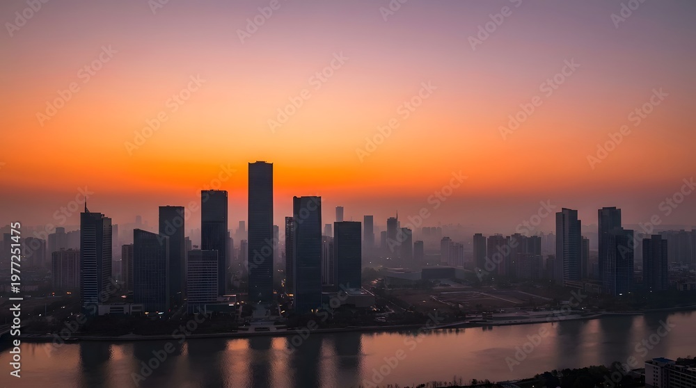 Fototapeta premium A modern city skyline illuminated by a vibrant sunset over a calm river