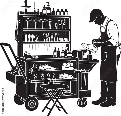 shoeshiner, shoe repair, cobbler, black and white, vector illustration, shoe shine, footwear care