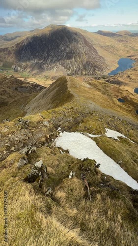 Scenic View of Llyn Idwal and Ogwen Valley Lake from the summit of Y Garn, Snowdonia, Wales, UK