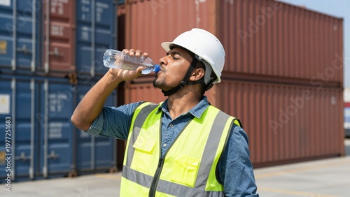 A construction worker in a hard hat and safety vest takes a refreshing drink of water amidst shipping containers, illustrating hydration during a hot workday.