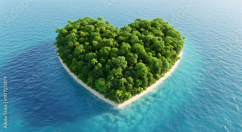 Heart shaped green tropical island landscape.