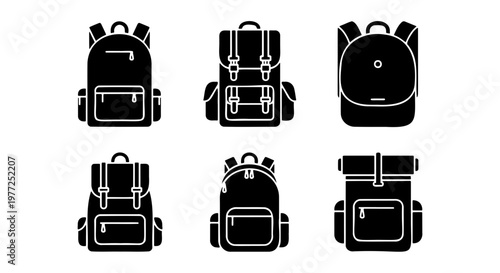 Black backpack icon set, 6 flat vector rucksack silhouettes, school bag and hiking pack collection for travel and education graphics