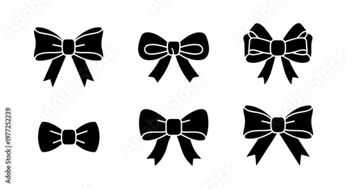 Black ribbon bow silhouette icons set, elegant gift knot vector illustrations, decorative satin bow tie collection for wedding and holiday packaging