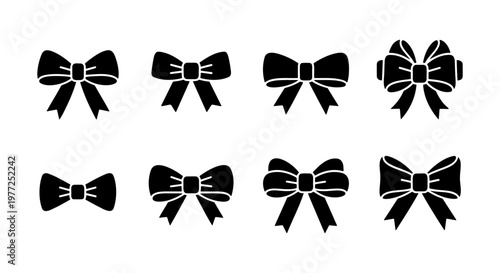 Black ribbon bow silhouette icons, set of 8 decorative gift bows, elegant satin bowknot vector elements for wedding invitations and holiday packaging