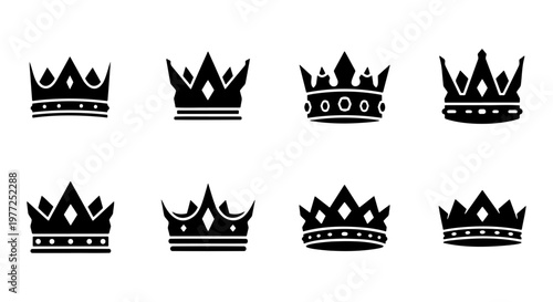 Royal crown icons set, 8 black silhouette king and queen tiaras, heraldic imperial headwear symbols, luxury jewelry vector elements for branding