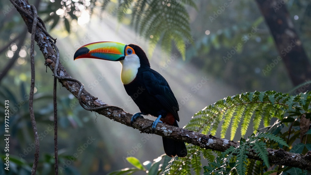Fototapeta premium A vibrant toucan with a colorful beak perches on a branch amidst lush green ferns and soft focus background, showcasing the beauty of wild nature.
