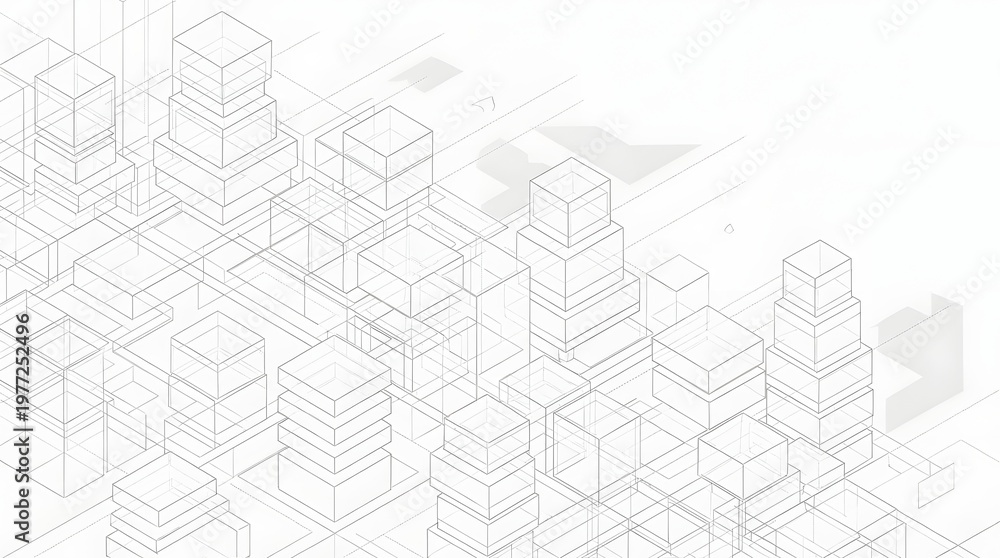 Obraz premium Abstract isometric wireframe of stacked blocks resembling city buildings or data structures on a light background