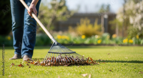 Person raking leaves in spring on green lawn with flowers  