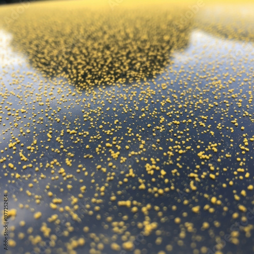Pollen grains on car hood reflecting sunlight on black surface  
