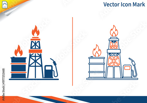 Oil industry icons with fuel barrel gas pump and drill rig.