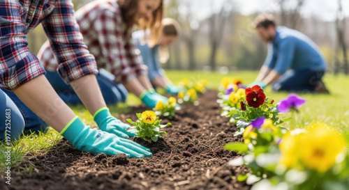 Volunteers planting flowers together in a garden on a sunny day  