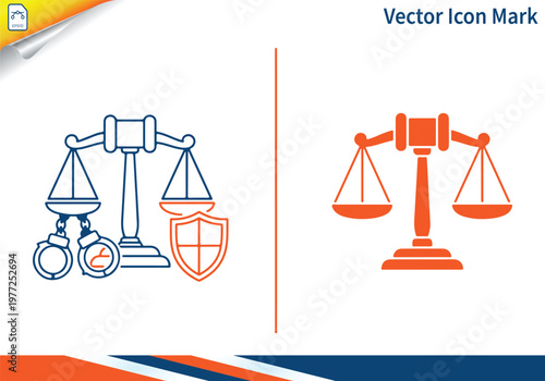Justice scale and law icons with handcuffs shield and gavel.