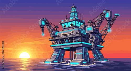 A cartoon-style anthropomorphic oil rig with a friendly face stands in the ocean at sunset, glowing with blue lights.