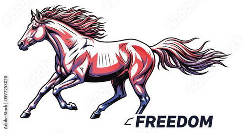 A dynamic illustration of a galloping horse, stylized with red, white, and blue colors, embodying freedom and power, with the word 'FREEDOM' written below.