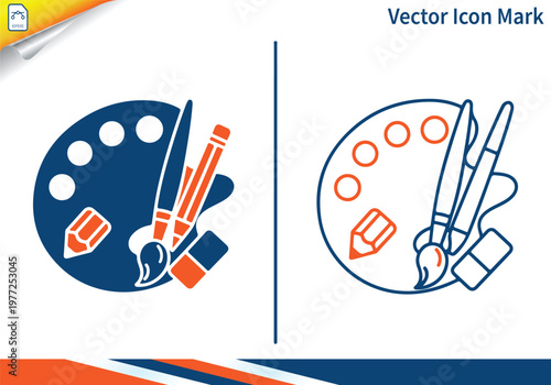 Art palette with brushes pencil and eraser creative icon mark.