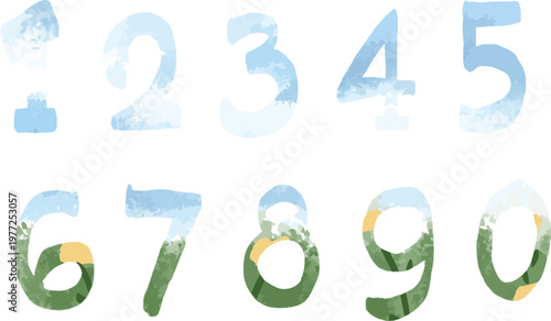 Soft Blue Watercolor Numbers Set from 0 to 9 in Hand Drawn Style for Kids Learning and Educational Design
