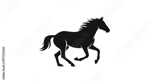 A striking black silhouette of a horse galloping with its mane and tail flowing, set against a clean white background.