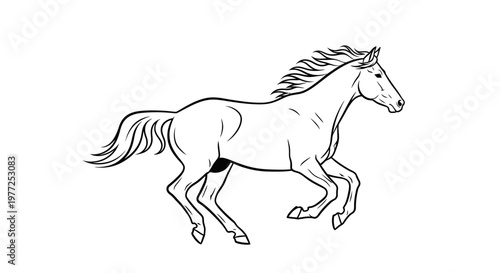 Black and white line art drawing of a majestic horse galloping with its mane and tail flowing dynamically.