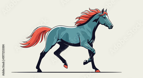 Stylized illustration of a blue-green horse with a vibrant red mane and tail trotting gracefully across a light background.