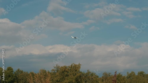 Light-engine aircraft flies over trees in background blue sky with white clouds. Concept passenger and cargo transportation