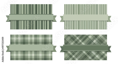 Collection of four decorative ribbon banners with various muted green striped and plaid patterns, perfect for graphic design elements