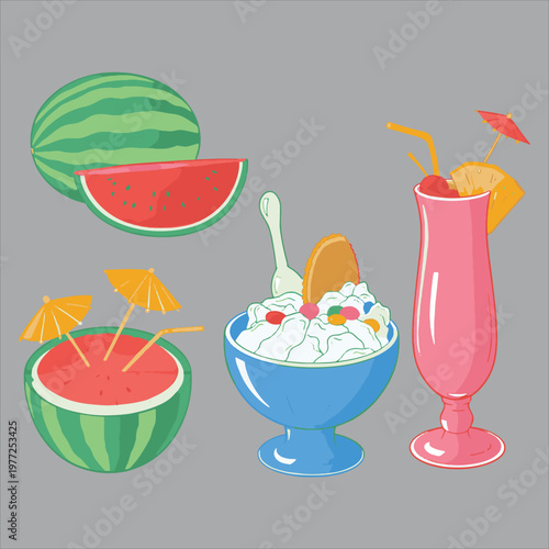Colorful arrangement of summer drinks and fruit including watermelon and ice cream
