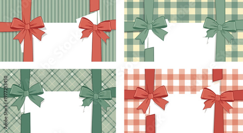 A delightful set of festive gift wrap backgrounds featuring classic plaid and striped patterns, elegantly adorned with charming bows, perfect for holiday greetings and celebrations