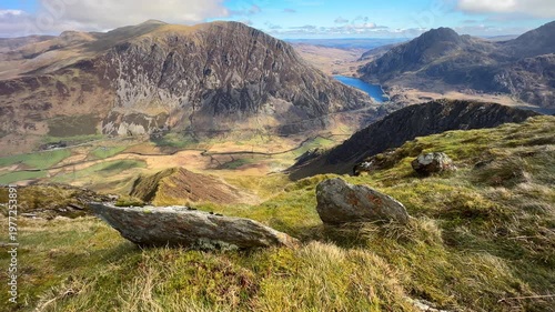 High angle view of Pen yr Ole Wen Mountain from the Summit of Y Garn, Ogwen Valley, Snowdonia National Park, North Wales, UK