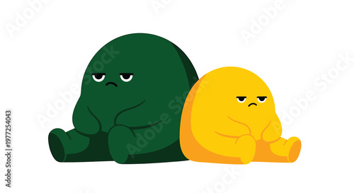 Angry blob characters, green and yellow emoticons, frustrated faces, vector icons