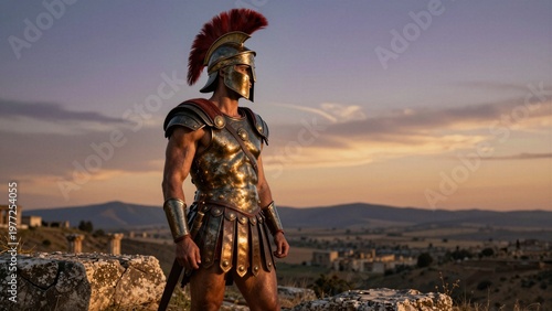 A Spartan warrior in full armor stands on a rocky outcrop, overlooking an ancient landscape at sunset. The scene evokes strength and readiness for battle.