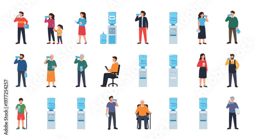 Large collection of diverse people of different ages and backgrounds staying hydrated by drinking fresh water from bottles and dispensers.