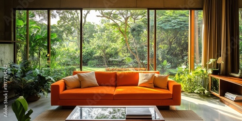 Contemporary living room with orange sofa and large
